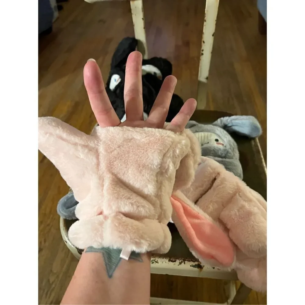 Plush cartoon fingerless mittens